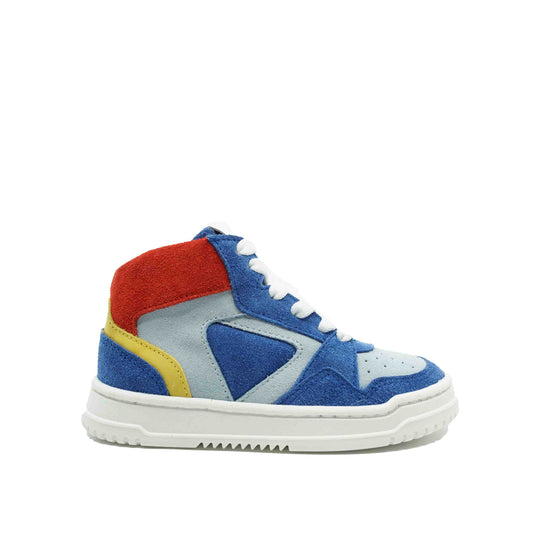 originele hoge sneakers in blauw leder met rood en geel.