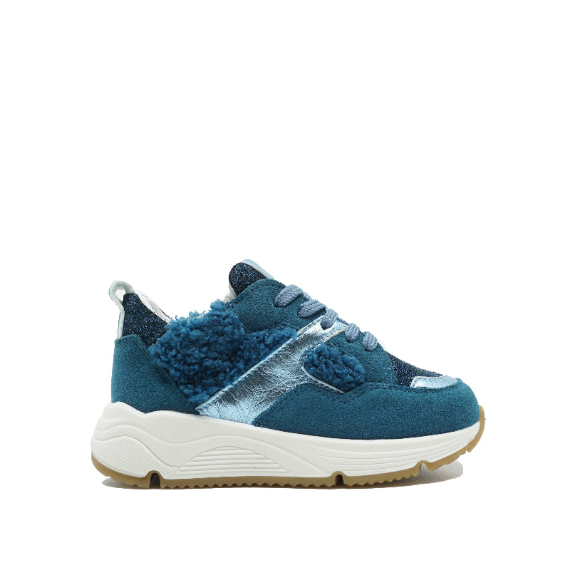 Meisjessneakers in leder met teddy in de kleur turquoise