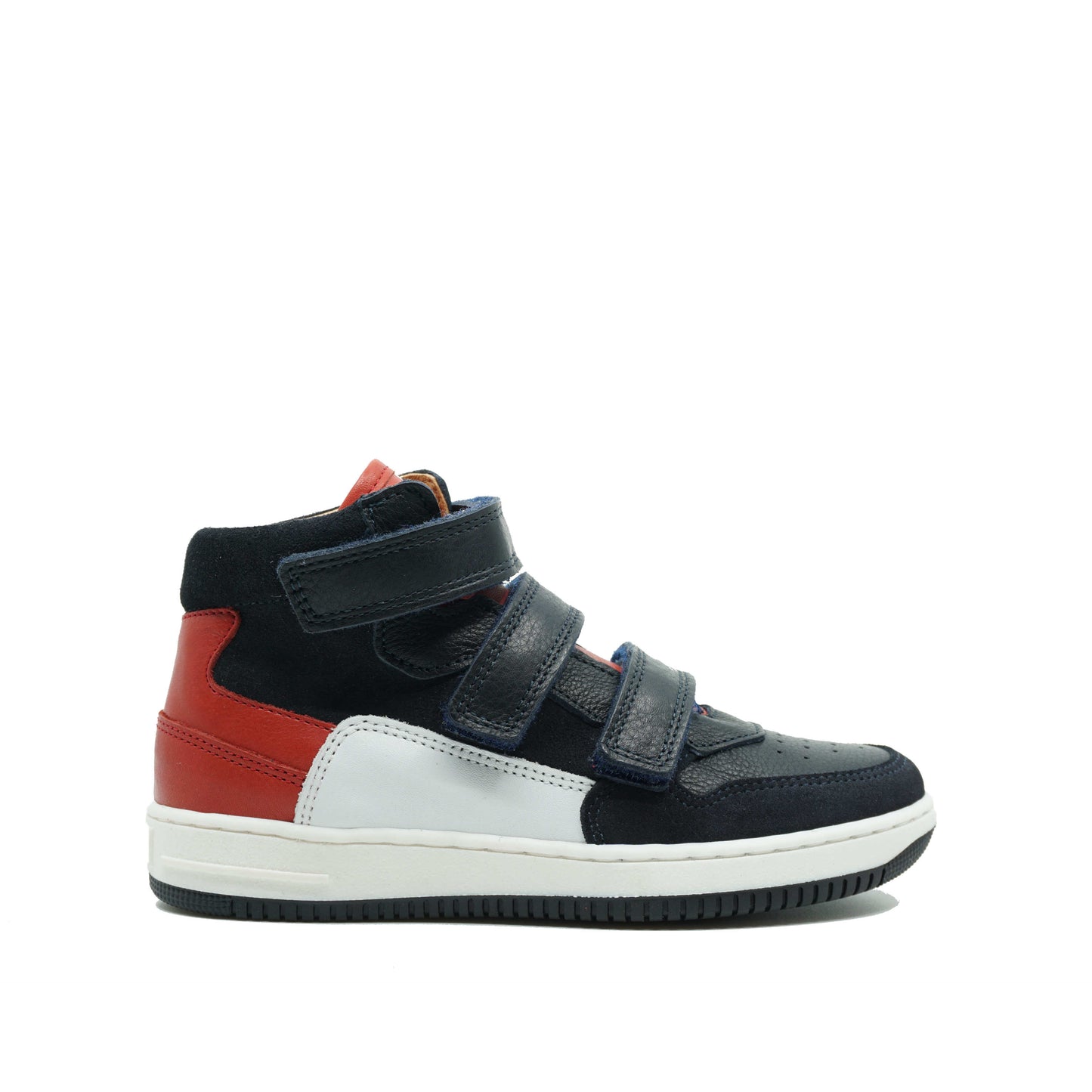 Hoge sneakers met velcro in leer en uitneembare binnenzool, geschikt voor steunzolen.