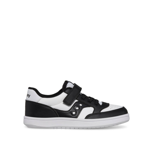 Saucony witte sneaker met zwart voor kinderen. Elastische veter en velcrosluiting. SK267417 Jazz Court A/C Black/White