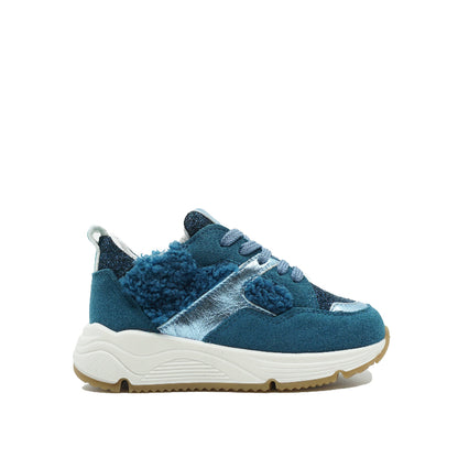 Meisjessneakers in leder met teddy in de kleur turquoise