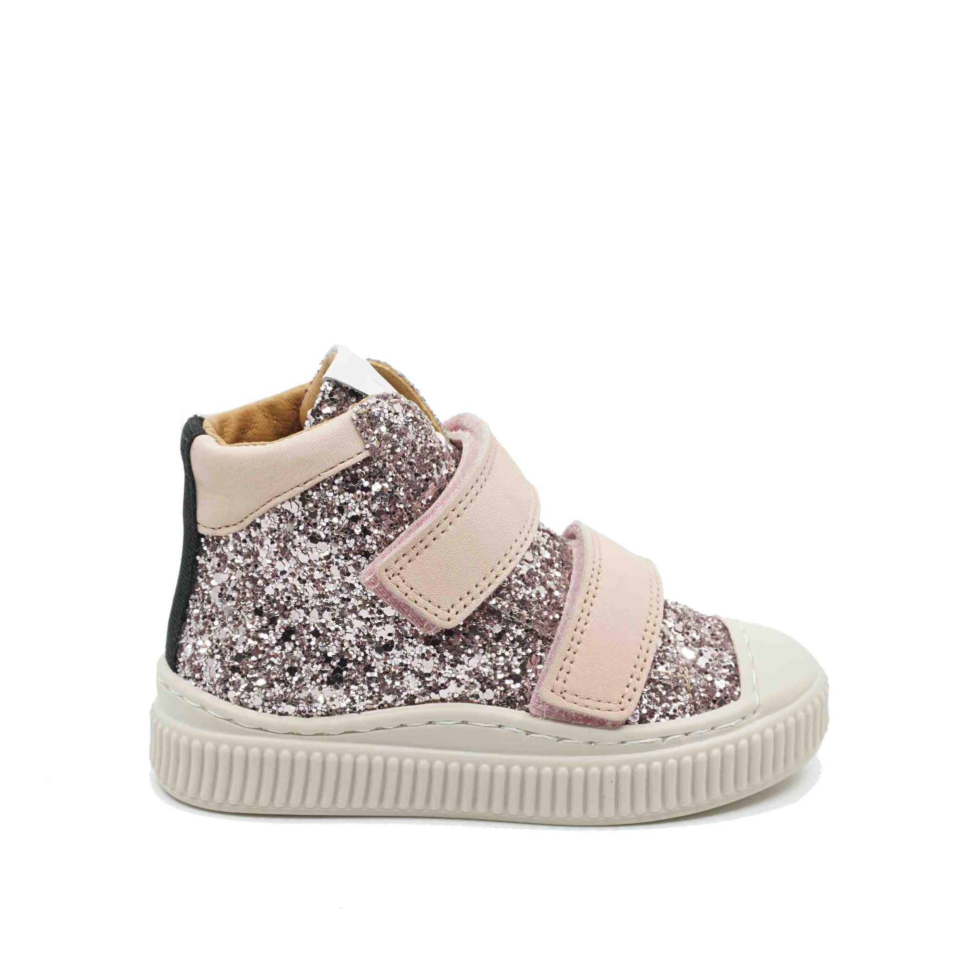 Roze glittersneakers in leer met klittenbandsluiting