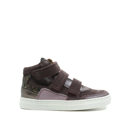 hoge sneakers voor meisjes met velcro in leer. In auberginekleurige materialen.