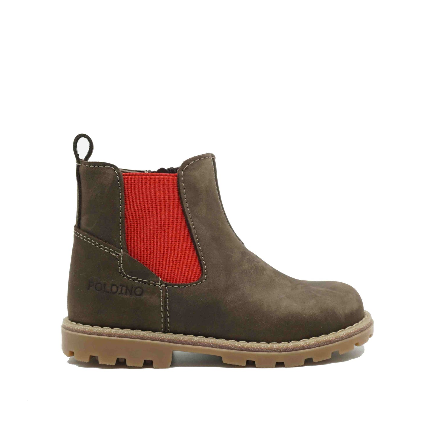 Bruine leren bottines met rode elastiek