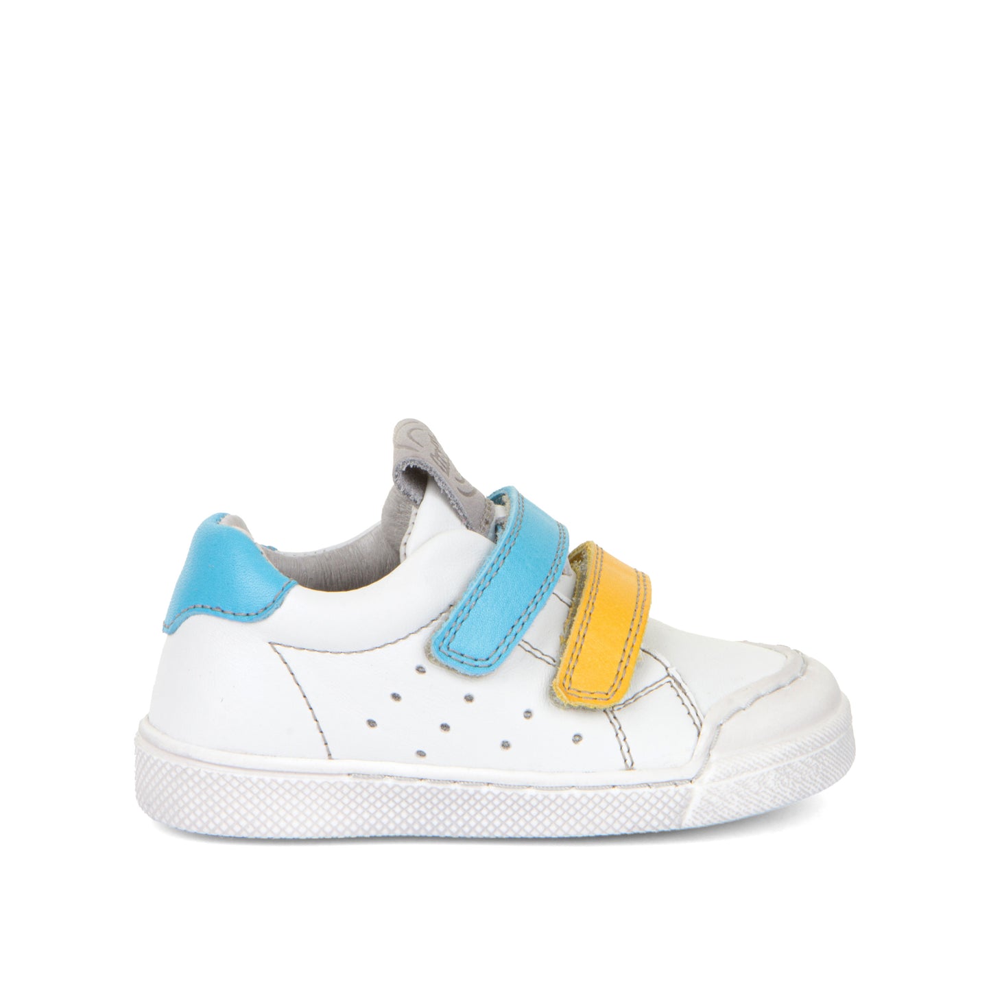 Witte lederen sneakers met 2 velrco's in het blauw en stootneus van het merk Froddo. Te verkrijgen bij kinderschoenwinkel September Stories in Berchem.